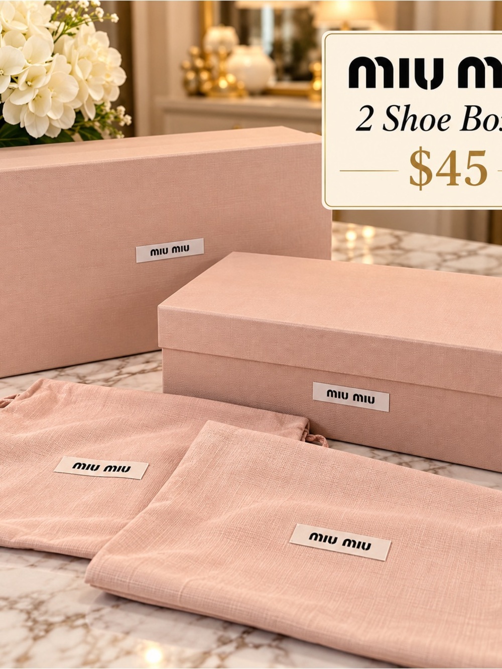 MIU MIU SHOE BOXES AND BAG CARE.